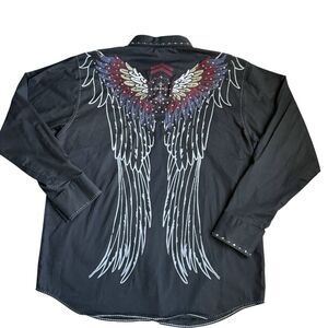 VTG Y2K Hama Jeans Shirt  Mens XL Rhinestone Embroidered Angel Wing Goth Biker